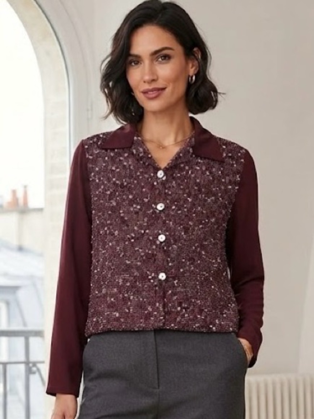 Belles de Paris Burgundy Textured Knit Button-Down Top | Sophisticated Luxury